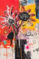 Schilderij van twee rood-oranje stekelige bloemen op een rood-gele graffiti-achtergrond