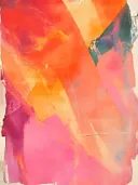 Abstract schilderij met geometrische vlakken in rood, oranje en roze met een donkergroen driehoekig accent