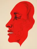Rood silhouet van een gezichtsprofiel met decoratieve lijnpatronen in haar en baard tegen crèmekleurige achtergrond.