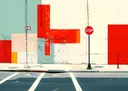 Pop-art achtige straathoek met rood stopbord en gekleurde muurvlakken