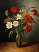 Rood-wit boeket met klaprozen en margrieten, stilleven schilderij