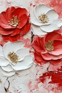 Rode en witte klaprozen met gouden hartjes en reliëf-textuur