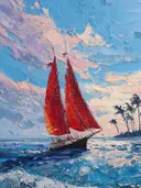 Schilderij van een schip met rode zeilen bij een tropische zonsondergang