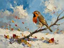 Roodborst op een tak in oranje, schilderij van roodborst op een tak, met het paletmes geschilderd