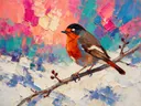 Roodborst op een tak in oudroze, schilderij van roodborst op een tak, met het paletmes geschilderd