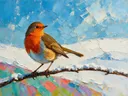 Roodborst op een tak, schilderij van roodborst op een tak, met het paletmes geschilderd