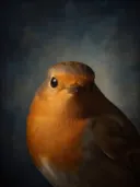 Studioportret van Roodborst van voren, tegen een geschilderd doek in inktblauw
