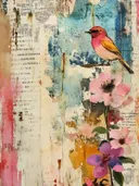 Collageschilderij van een roodborstje op een tak met roze bloemen
