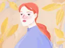 Illustratie van een roodharige vrouw met sproeten tegen een achtergrond van gele bladeren.