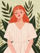Roodharige vrouw schilderij tussen planten, geïllustreerd portret met sproeten