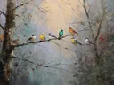 Schilderij van een vogel met rode kuif tegen een donkere achtergrond