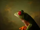 Studioportret van Roodoogmakikker en profil, tegen een geschilderd doek in olijf