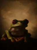 Studioportret van Roodoogmakikker van voren, tegen een geschilderd doek in sepia