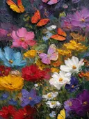 Schilderij van een roodwitte vlinder tussen blauwe en gele bloemen