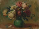 Roses in a Vase van Pierre-Auguste Renoir: bloemen met rozen, vaas, boeket en tafel, in roomwit en roze