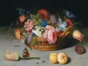 Roses, tulips, irises and other flowers in a wicker basket, with fruit and insects on a ledge van Balthasar van der Ast: bloemen met rozen, tulpen, mand en fruit, in licht met roze en rood