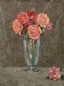 Roses van Henri Le Sidaner: bloemen met rozen, vaas, boeket en tafel, in roze en grijs