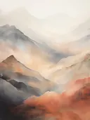 Waterverf schilderij van een bergvallei in roestrode en grijze tinten.