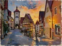 Rothenburg, Plonlein in avondlicht, schilderij van Rothenburg ob der Tauber