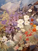 Schilderij van wilde bloemen tussen rotsen op een berghelling.