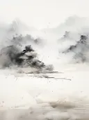 Monochroom inktschilderij van een rotsachtig schiereiland aan stil water.