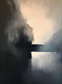 Landschapschilderij met rotsen en waterreflectie