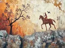 Schilderij in rotskunststijl van een ruiter te paard in de savanne