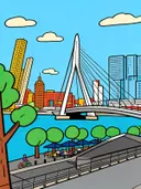 Rotterdam, Erasmusbrug in cartoonstijl, schilderij van Rotterdam