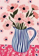 Schilderij van roze anemonen in een gestreepte kan