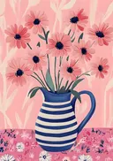 Schilderij van roze anemonen in een blauwe kan