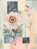 Aquarel van een roze anemoon met botanische lijntekeningen van veldbloemen