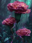 Schilderij van roze anjers met gouden lichtvonken in een magisch bos