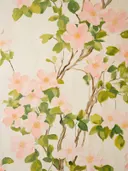 Botanisch schilderij van bloeiende roze appelbloesemtakken.