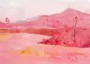 Roze getint landschapsschilderij van bergen en een meer met bomen