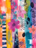 Abstract schilderij met roze bloemen en blauwe bladranken op een gestreepte gele en turquoise achtergrond