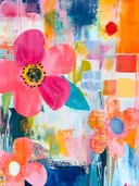 Abstract schilderij met een grote roze bloem met blauwe kern op een kleurrijke geometrische achtergrond