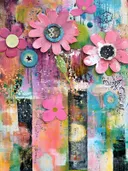 Roze bloemen met blauwe en zwarte hartjes-middens op een kleurrijke, graffiti-achtige geschilderde achtergrond.