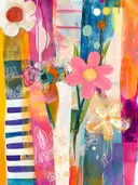 Schilderij met een roze bloem met gele kern tussen gele en blauwe gestreepte kleurvlakken en lijntekeningen