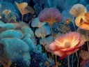 Schilderij van een roze bloem tussen blauwe waaervormige fantasiebloesems