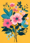 Gestileerde roze bloemen met blauwe accenten op gele achtergrond
