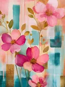 Roze bloemen met gouden details op een geometrische teal en abrikooskleurige achtergrond