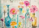 Aquarel stilleven met roze bloemen in verschillende gekleurde glazen flessen en een kandelaar