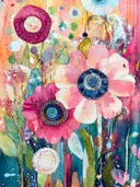 Mixed-media schilderij met grote roze bloemen met donkerblauwe gestikte kernen