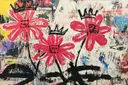 Drie roze bloemen elk met een klein zwart kroontje op lichte achtergrond