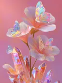 Roze bloemen met vlinders en kristallen, surrealisme schilderij