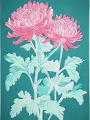Schilderij van roze bloemen op een turquoise achtergrond