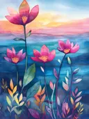 Roze bloemen met gele kern tegen een blauw-roze zonsondergang achtergrond