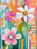 Mixed-media collage van roze en witte bloemen op een oranje-turquoise achtergrond