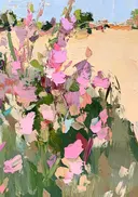 Schilderij van een impressionistisch roze bloemenveld