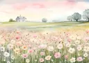 Aquarel van een roze bloemenveld met een wit boerderijhuisje op de achtergrond